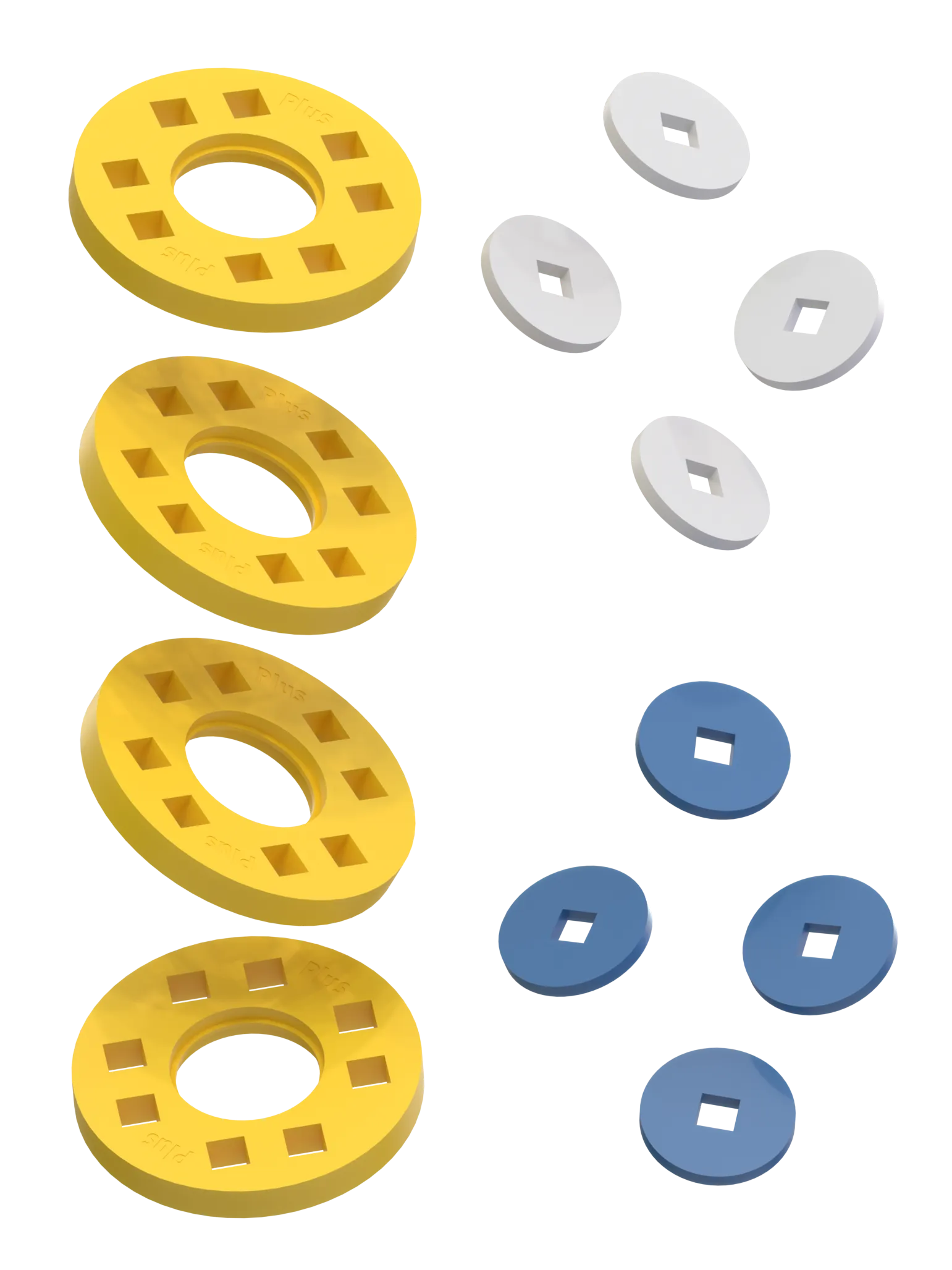 Hjul – 4 Gula hjul med 4 vita och 4 blå navkapslar